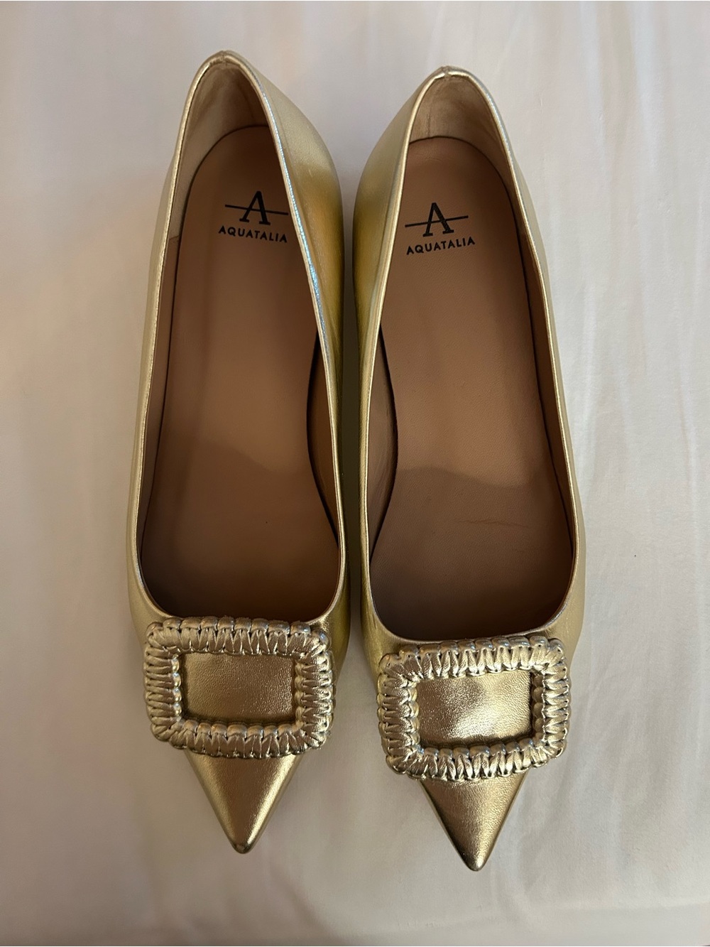 Aquatalia Metallic Gold Pointed-Toe Flats with Decorative Buckle